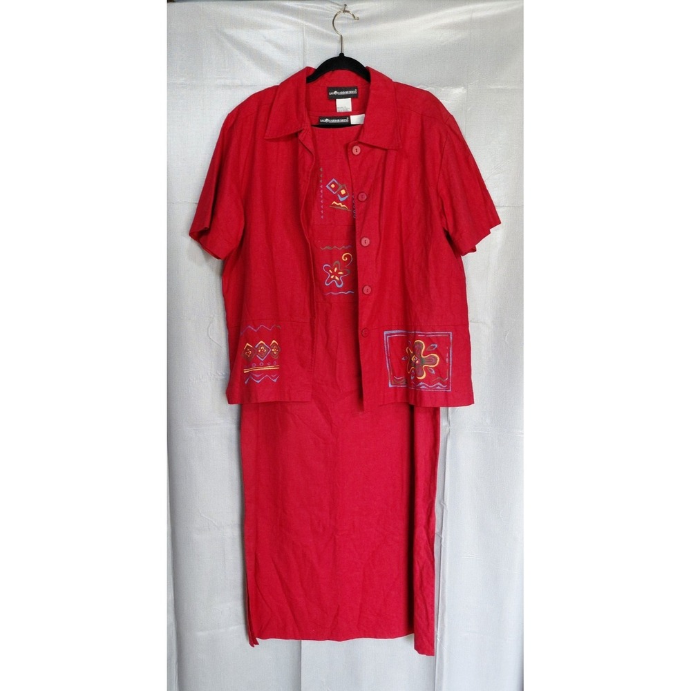 Sag Harbor Jacket Dress Set Women's 14 Red Linen Cotton‎ Painted Pattern